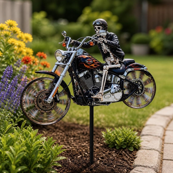 Whimsical Skeleton Rider Motorcycle Wind Spinner for Gardens