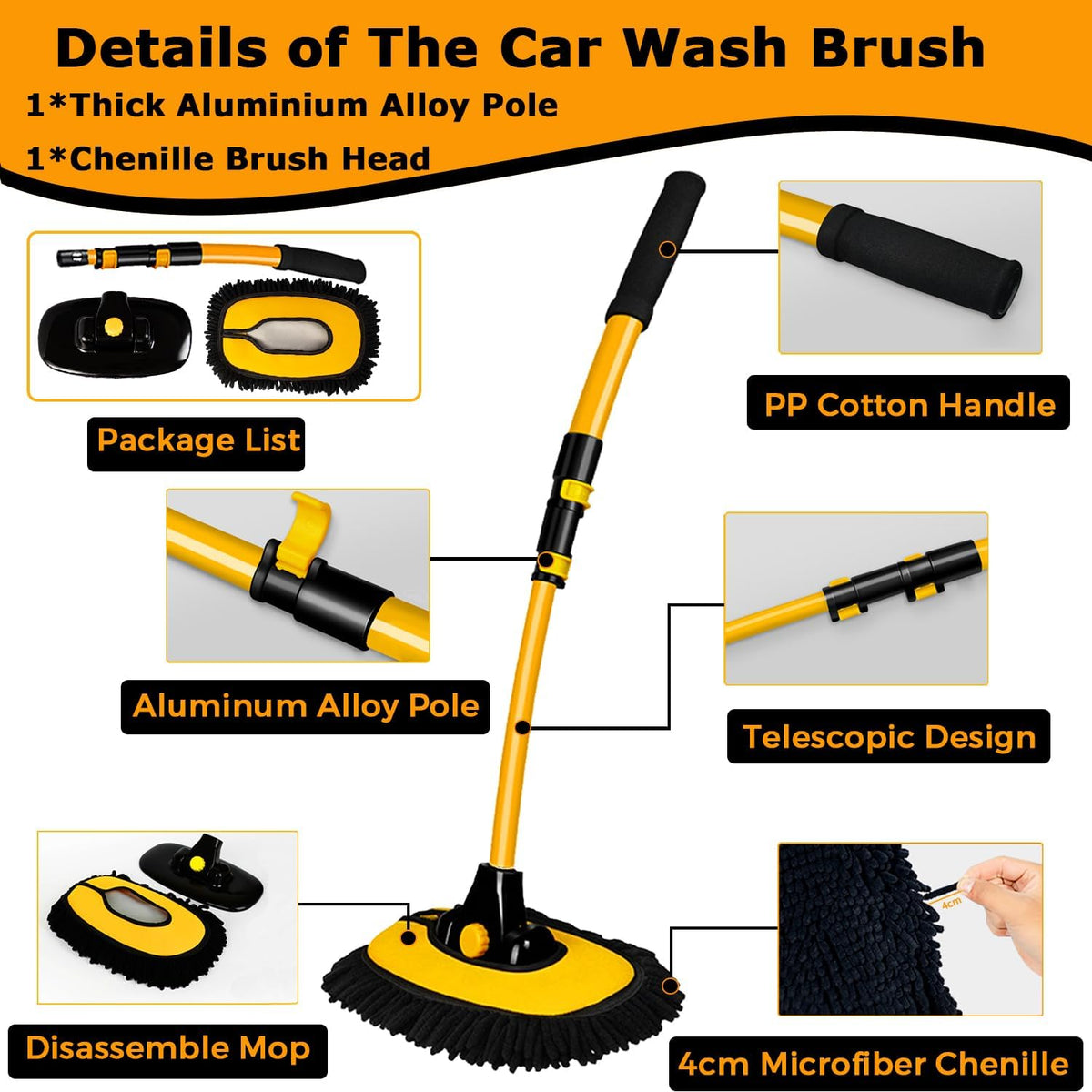 Extendable Vehicle Cleaning Brush with Pivoting Head and Soft Bristles