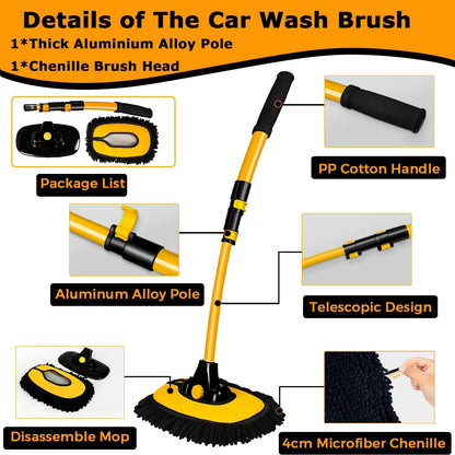 Extendable Vehicle Cleaning Brush with Pivoting Head and Soft Bristles