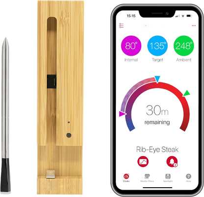 Bluetooth Wireless Meat Thermometer with Dual Sensor Probe and Bamboo Holder
