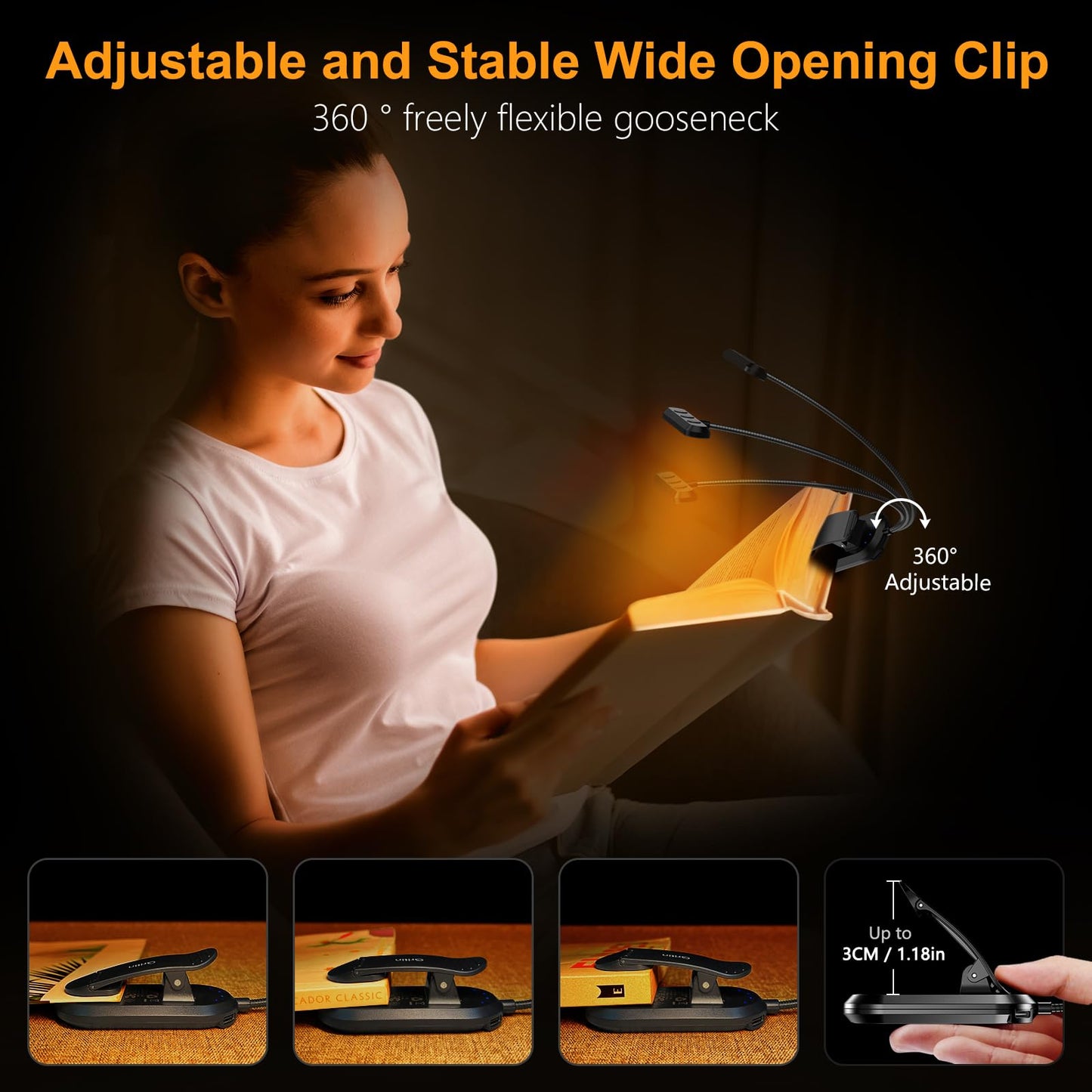 Versatile LED Reading Lamp with Adjustable Neck and USB-C Charging