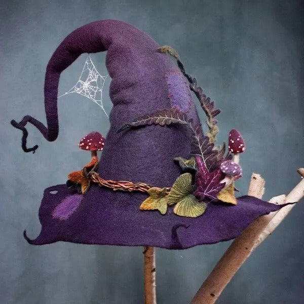 Artisan Woolen Witch Hat with Chiffon Trim and Adjustable Design