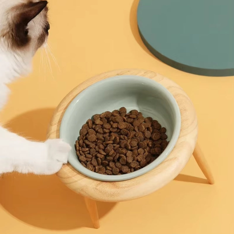 Elevated Ceramic Cat Dish with Customizable Oak Stand