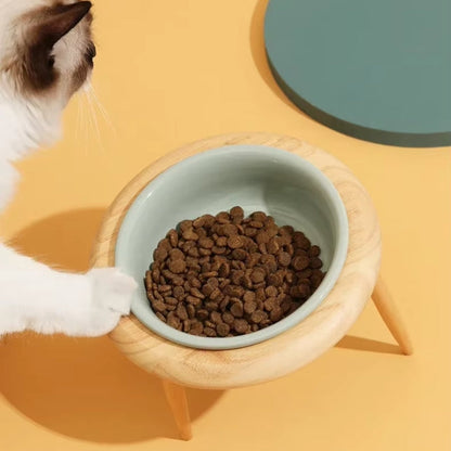 Elevated Ceramic Cat Dish with Customizable Oak Stand