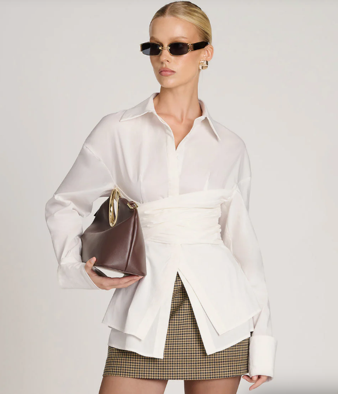 Sleek Draped Waist Top with Lightweight Fluid Fabric, Long Sleeves