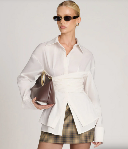 Sleek Draped Waist Top with Lightweight Fluid Fabric, Long Sleeves