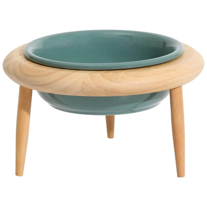 Elevated Ceramic Cat Dish with Customizable Oak Stand