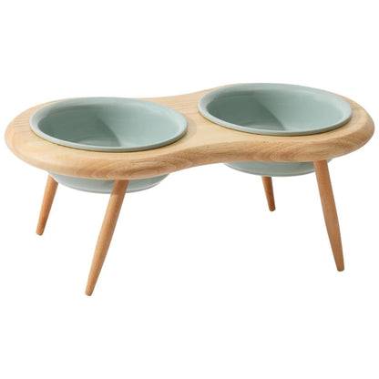 Elevated Ceramic Cat Dish with Customizable Oak Stand