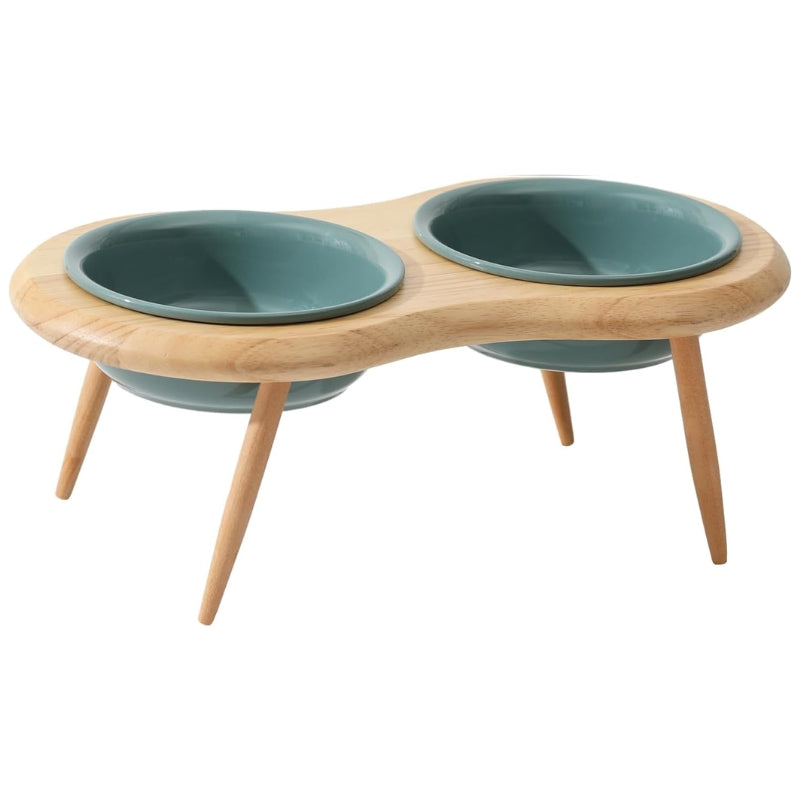 Elevated Ceramic Cat Dish with Customizable Oak Stand