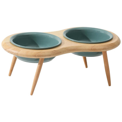 Elevated Ceramic Cat Dish with Customizable Oak Stand
