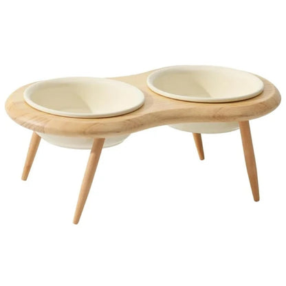 Elevated Ceramic Cat Dish with Customizable Oak Stand