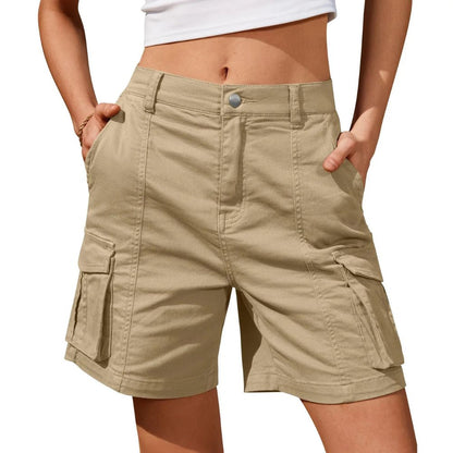 Women's Long Cargo Shorts with Elastic Waist and Multiple Pockets