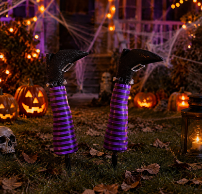 Crashed Witch Yard Stake with Striped Stockings for Halloween Decor