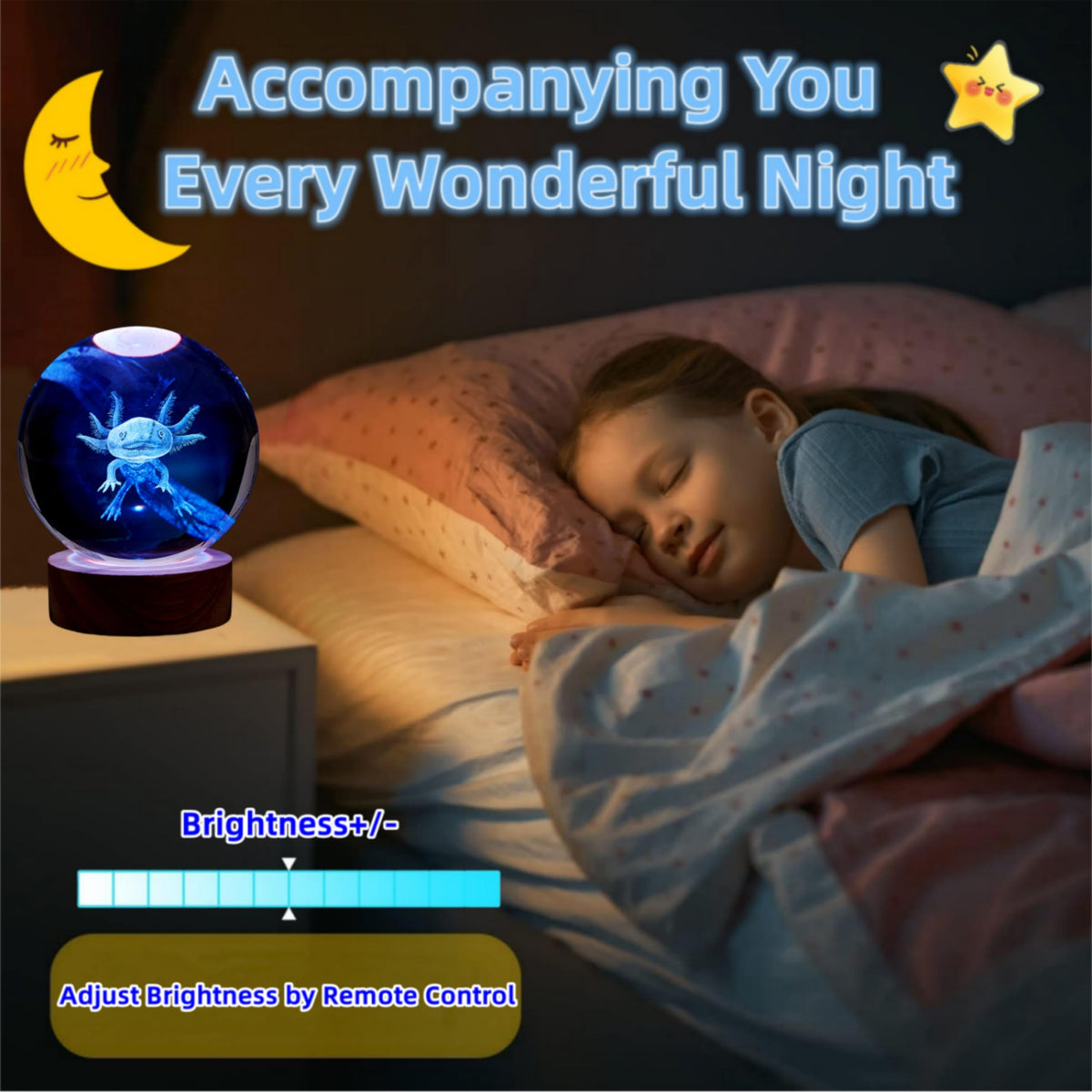 Luminous Axolotl Glow Sphere with Elegant Wooden Base and Remote Control