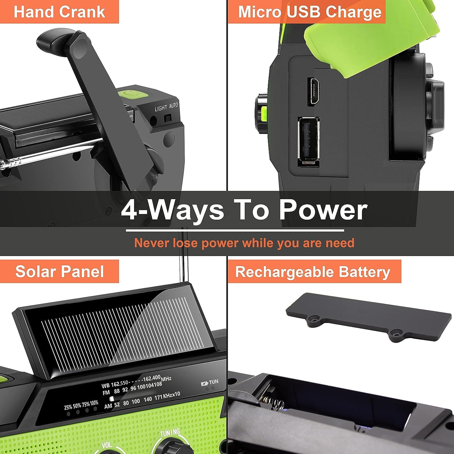 Reliable Emergency Radio with Hand Crank & Solar Power, 4000mAh Battery