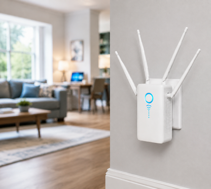 Internet Signal Booster and Repeater with 4 Antennas, 1200Mbps Plug-In WiFi Range Extender for Home and Office