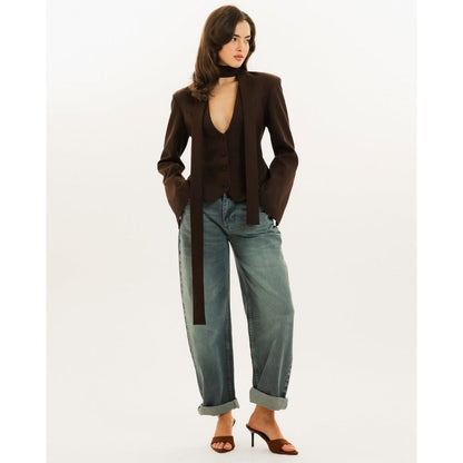 Chic Women's Blazer with Attached Scarf and Tailored Design