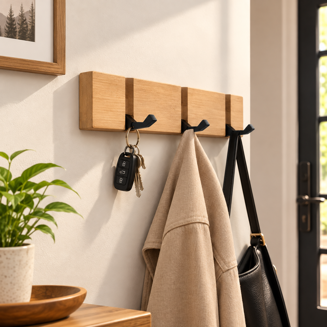 Bamboo Coat Rack with Hidden Hooks – Wall-Mounted, 3-5 Hook Options, Towel Holder