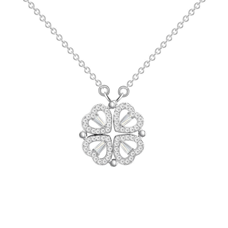 Clover Heart Pendant Necklace with Everlasting Roses & Gift Box