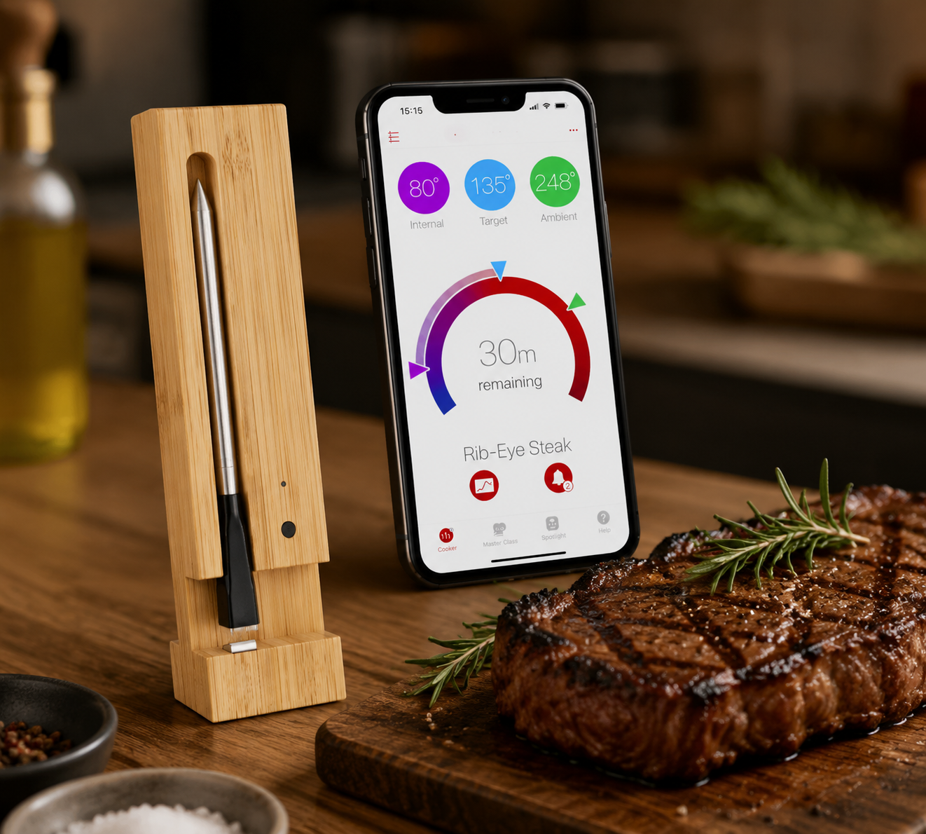 Bluetooth Wireless Meat Thermometer with Dual Sensor Probe and Bamboo Holder