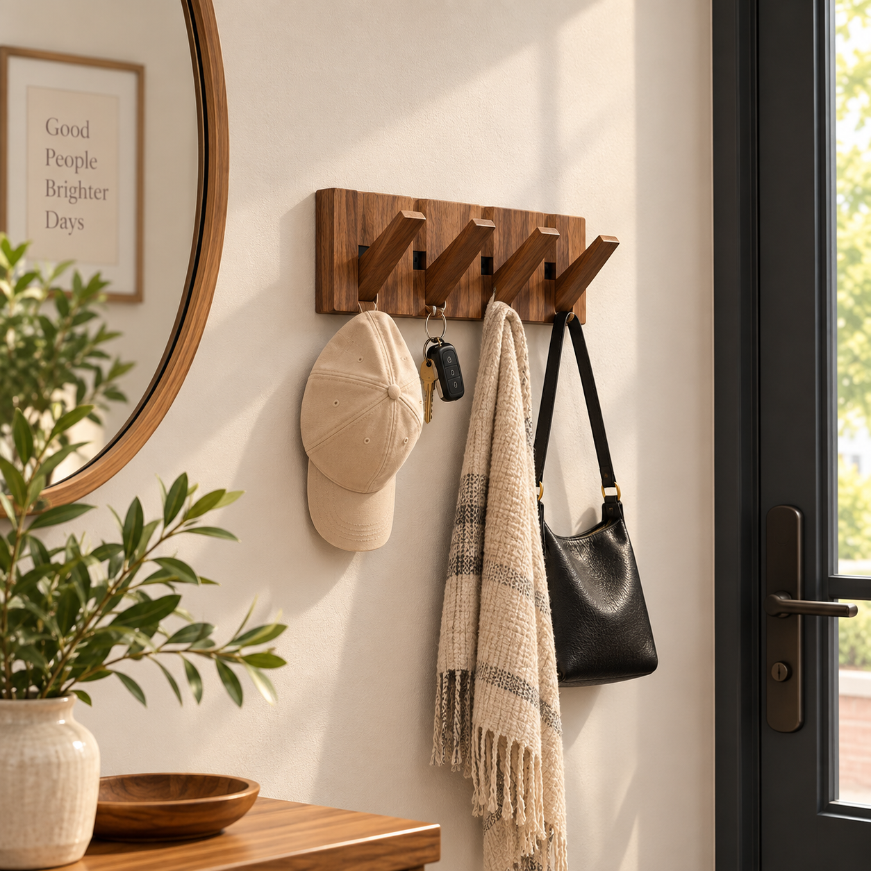 Wall-Mounted Coat Rack in Solid Wood, No Drill Hook Rail, 4 or 6 Hooks, Light or Dark, Entryway Organizer