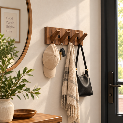 Wall-Mounted Coat Rack in Solid Wood, No Drill Hook Rail, 4 or 6 Hooks, Light or Dark, Entryway Organizer
