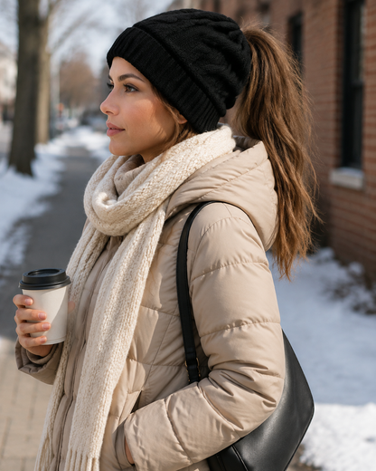 Knit Winter Hat for Women with Messy Bun Hole – Stretchy Beanie in 4 Colors