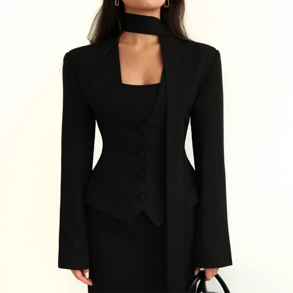 Chic Women's Blazer with Attached Scarf and Tailored Design