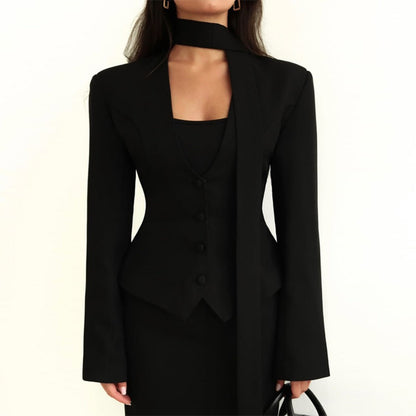 Chic Women's Blazer with Attached Scarf and Tailored Design