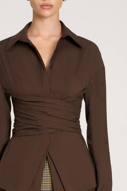Sleek Draped Waist Top with Lightweight Fluid Fabric, Long Sleeves