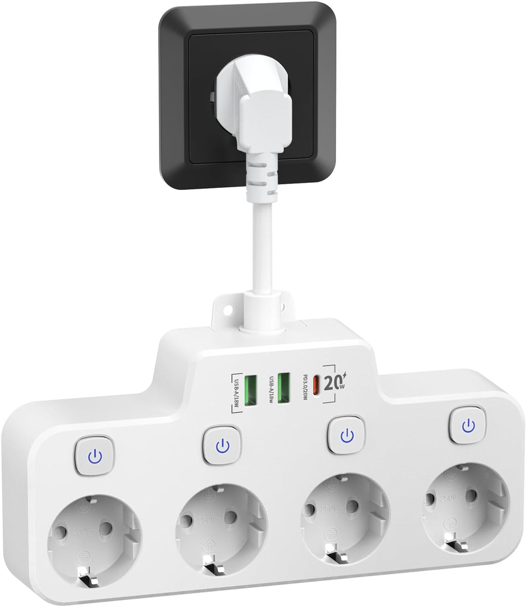 Rotatable Power Strip for Wall Mounting, 3 Outlets, 2 USB A, 1 USB C, Independent Switches, Overload Protection, Black White Gray