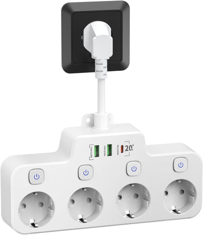 Rotatable Power Strip for Wall Mounting, 3 Outlets, 2 USB A, 1 USB C, Independent Switches, Overload Protection, Black White Gray