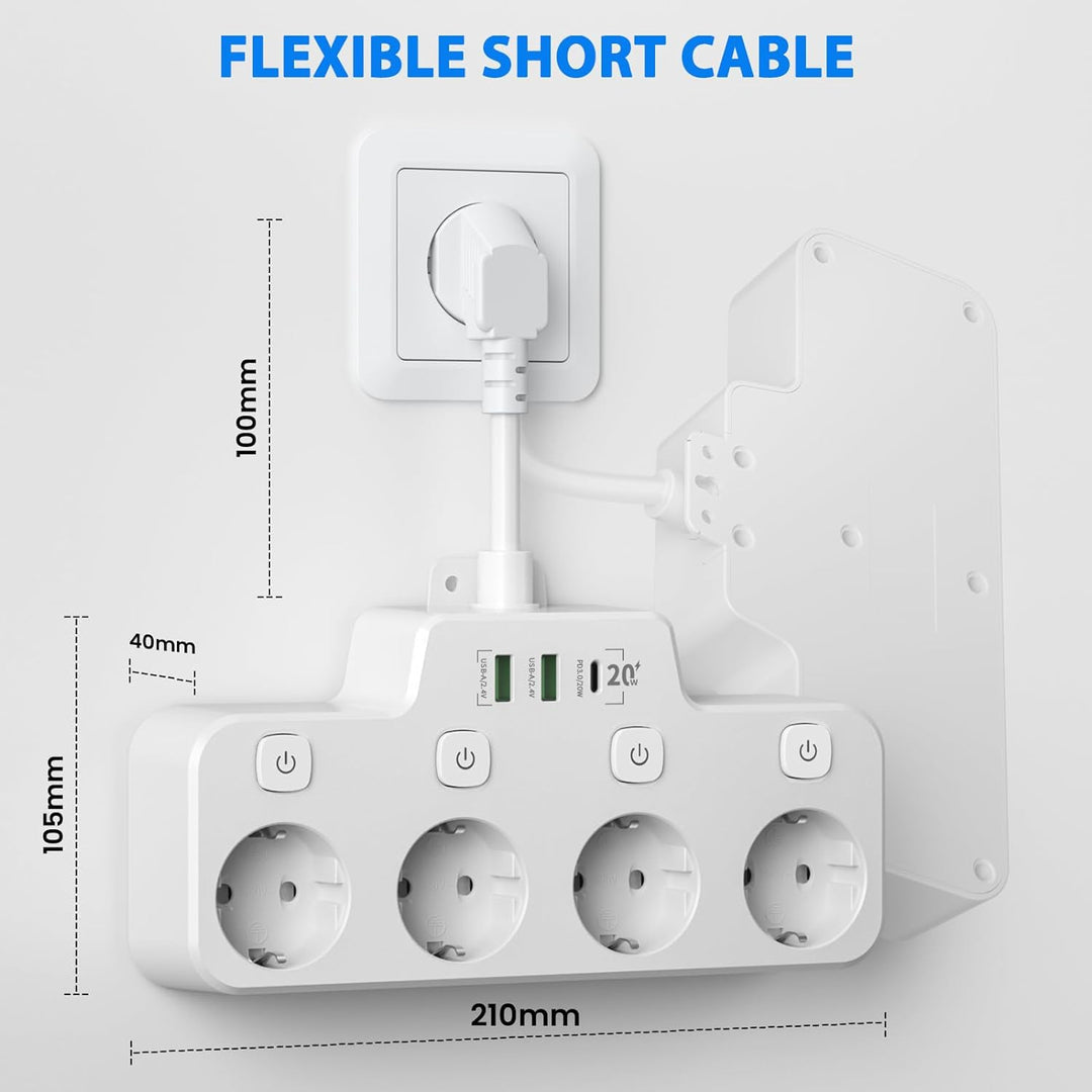 Rotatable Power Strip for Wall Mounting, 3 Outlets, 2 USB A, 1 USB C, Independent Switches, Overload Protection, Black White Gray