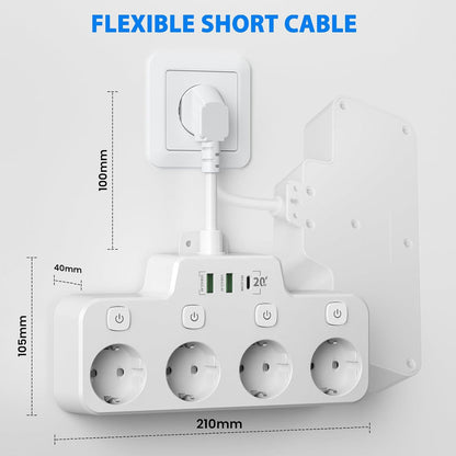Rotatable Power Strip for Wall Mounting, 3 Outlets, 2 USB A, 1 USB C, Independent Switches, Overload Protection, Black White Gray