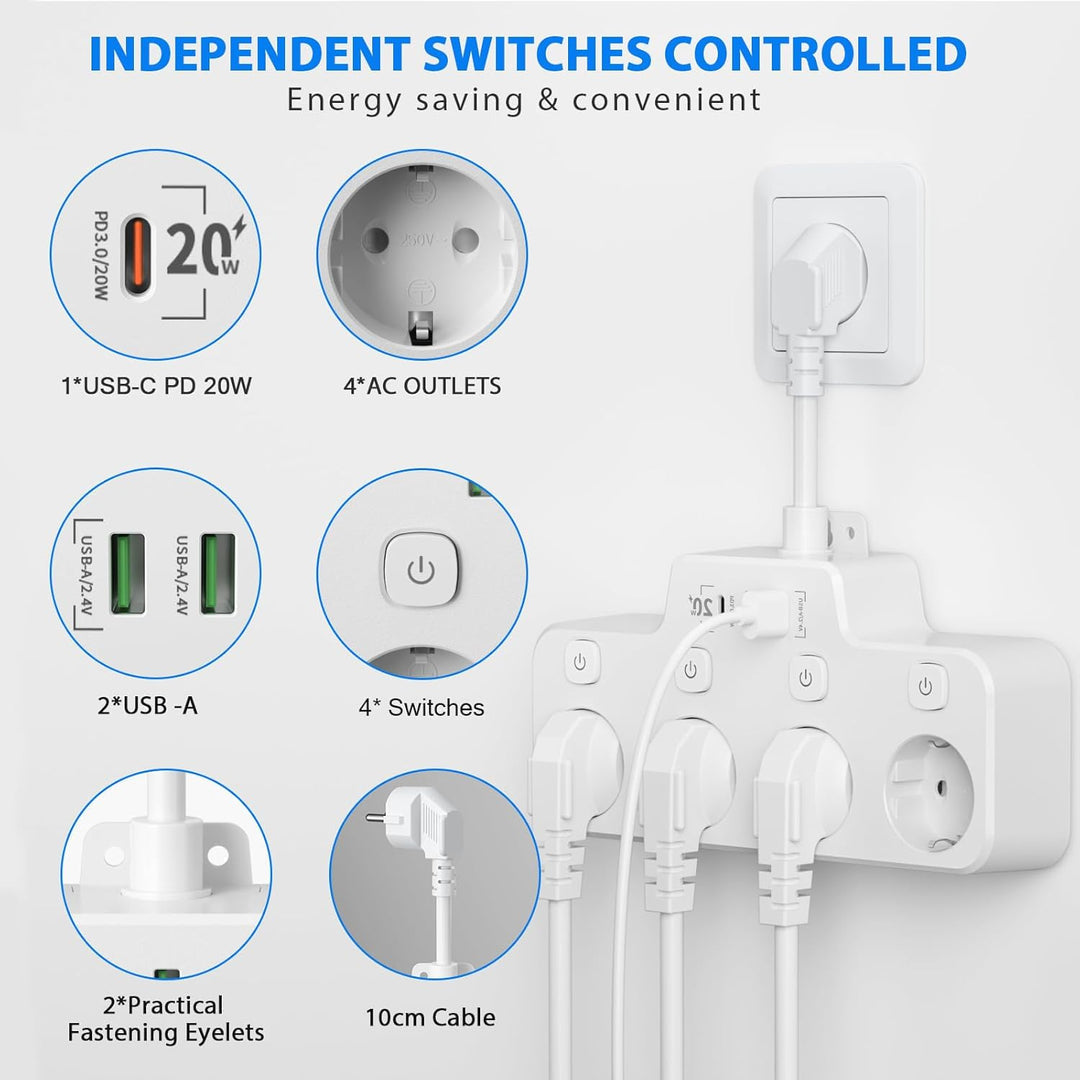 Rotatable Power Strip for Wall Mounting, 3 Outlets, 2 USB A, 1 USB C, Independent Switches, Overload Protection, Black White Gray