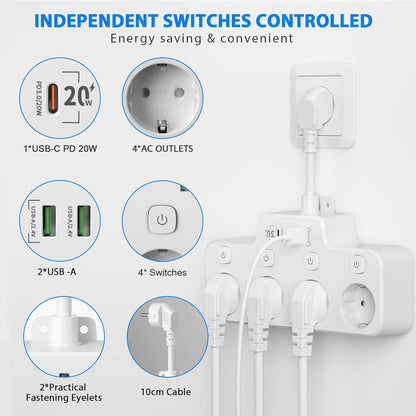 Rotatable Power Strip for Wall Mounting, 3 Outlets, 2 USB A, 1 USB C, Independent Switches, Overload Protection, Black White Gray