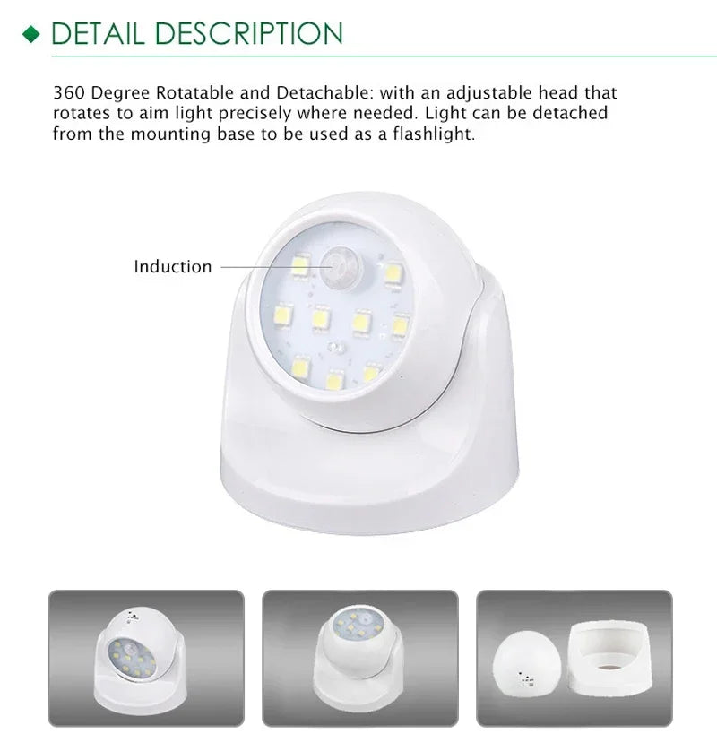 Battery-Powered Outdoor Security Light – 360-Degree Rotatable LED with Motion Sensor
