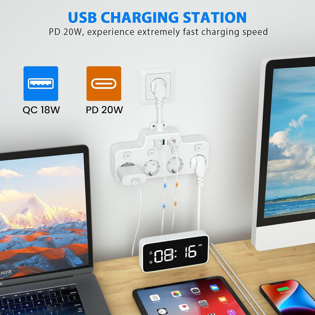 Rotatable Power Strip for Wall Mounting, 3 Outlets, 2 USB A, 1 USB C, Independent Switches, Overload Protection, Black White Gray