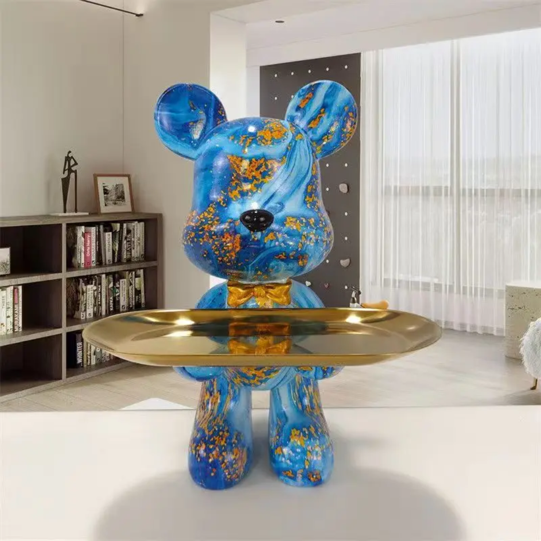 Modern Bear Figurine | Elegant Blue and Gold Decor for Home
