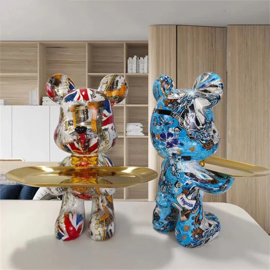 Modern Bear Figurine | Elegant Blue and Gold Decor for Home