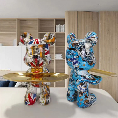 Modern Bear Figurine | Elegant Blue and Gold Decor for Home