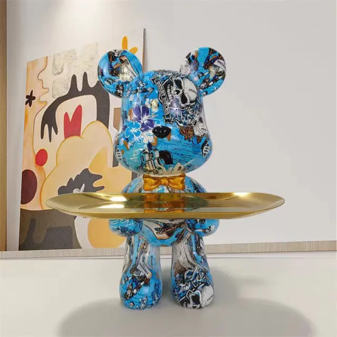 Modern Bear Figurine | Elegant Blue and Gold Decor for Home