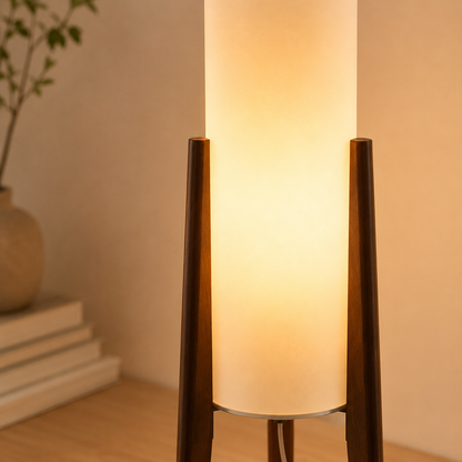 Floor Lamp with Cotton Shade on Wooden Tripod Base