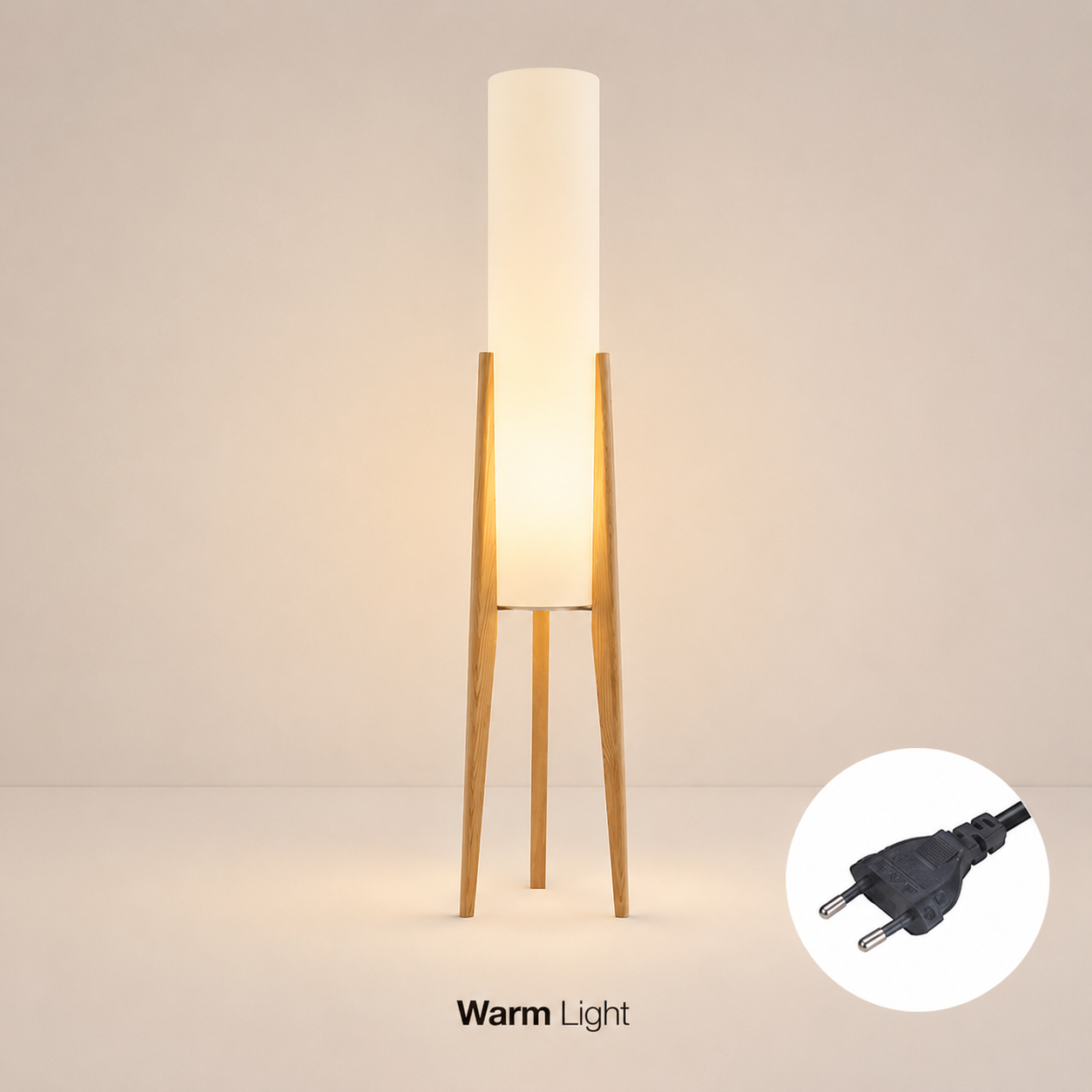 Floor Lamp with Cotton Shade on Wooden Tripod Base