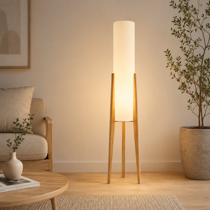 Floor Lamp with Cotton Shade on Wooden Tripod Base