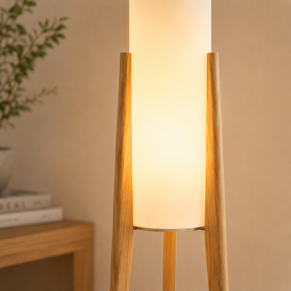 Floor Lamp with Cotton Shade on Wooden Tripod Base