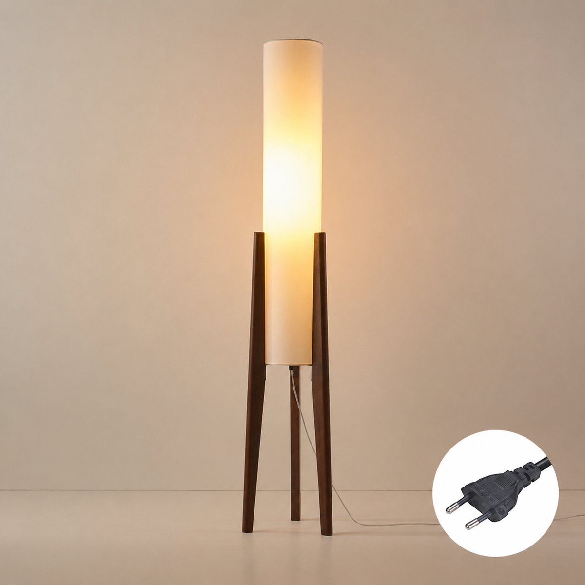 Floor Lamp with Cotton Shade on Wooden Tripod Base