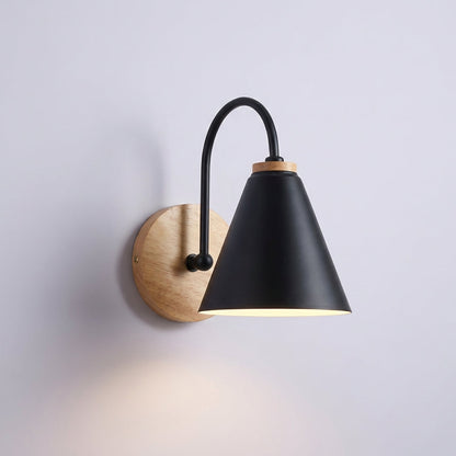 Contemporary Wall Lamp with Cone Shade and Natural Wood Accent