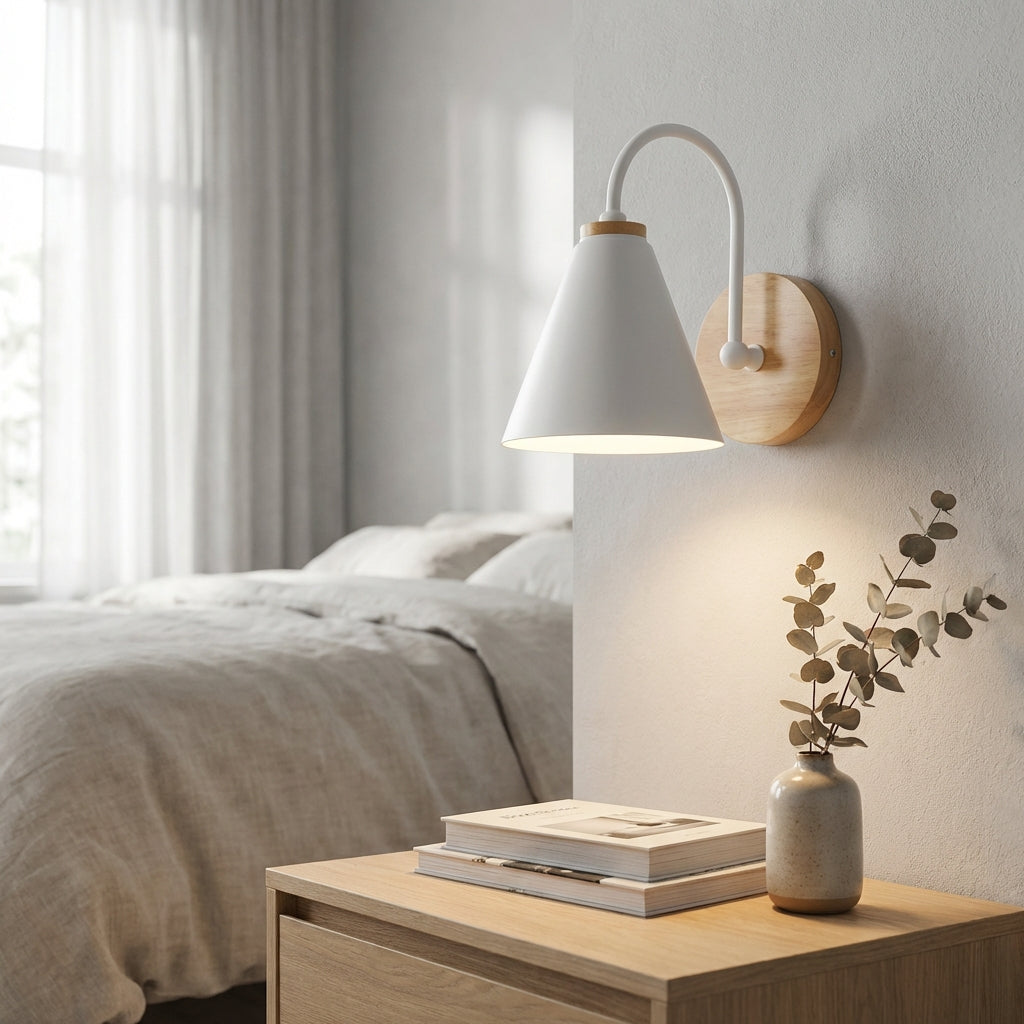 Contemporary Wall Lamp with Cone Shade and Natural Wood Accent