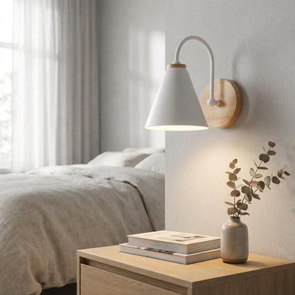 Contemporary Wall Lamp with Cone Shade and Natural Wood Accent